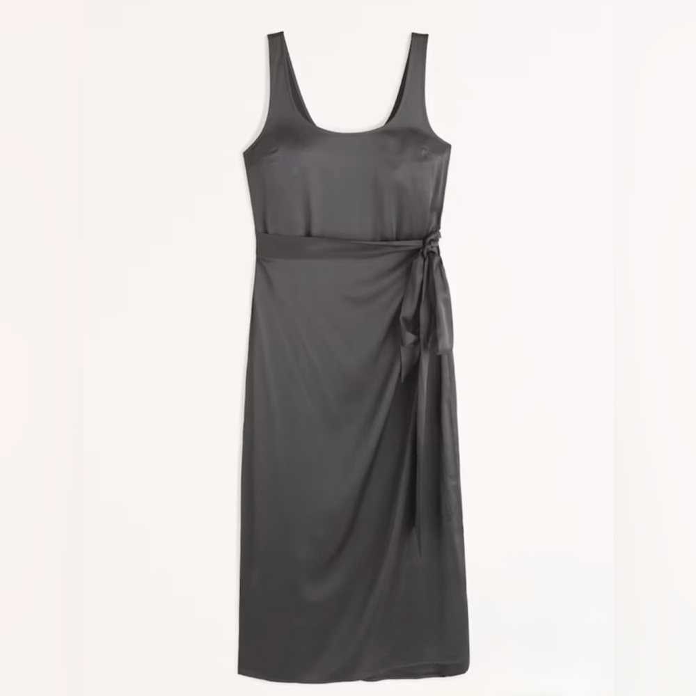 Abercrombie & Fitch Black Belted Satin Slip Midi Dress NWOT